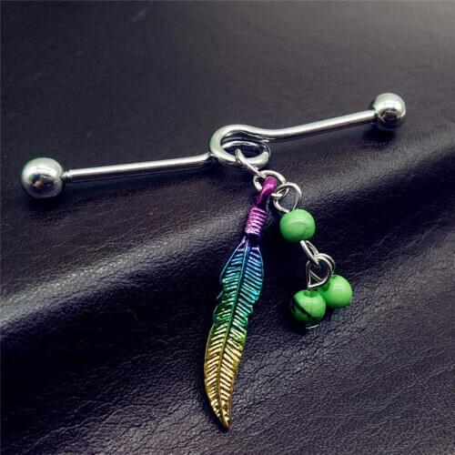 Fashion Dream Chaser Beads Spray Painted Feathers Long Ear Bone Nails Industrial Barbell Piercing Accessories