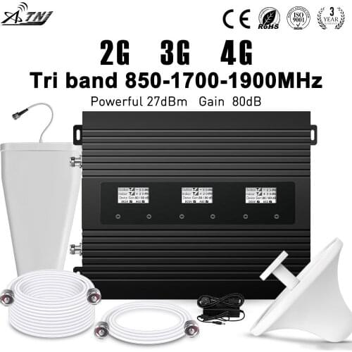 Powerful 80dB Tri-band 2G 3G 4G repeater cellular signal CDMA850/AWS1700/PCS 1900MHz mobile signal booster amplifier