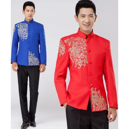 White black red blue embroidered men chinese tunic suit set slim with pants mens suits wedding groom formal dress costume