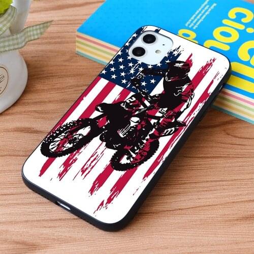 For iPhone Vintage Patriotic Dirt Bike Motocross USA American Flag Soft TPU border Apple iPhone Case