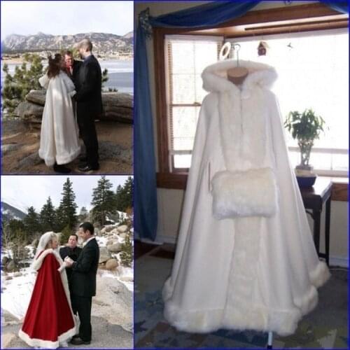 Ivory Cape Bridal Wedding Cloak Hooded Coat Jackets Wraps Faux Fur Mantles muff