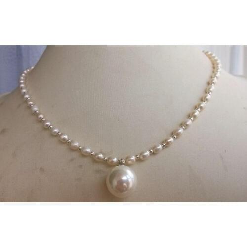 Freshwater Pearl Necklace,Cultured AA 3-4MM White Freshwater Pearl Necklace With 14mm Big Size Shell Pearl Pendant Jewelry