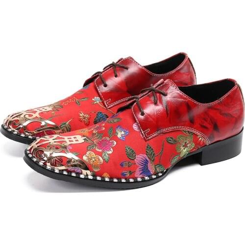 Plus Size Mens Dress Leather Shoes Multicolor Embroidery Flowers Lace Up Man Party Oxfords Shoes Male Wedding Brogue Shoes