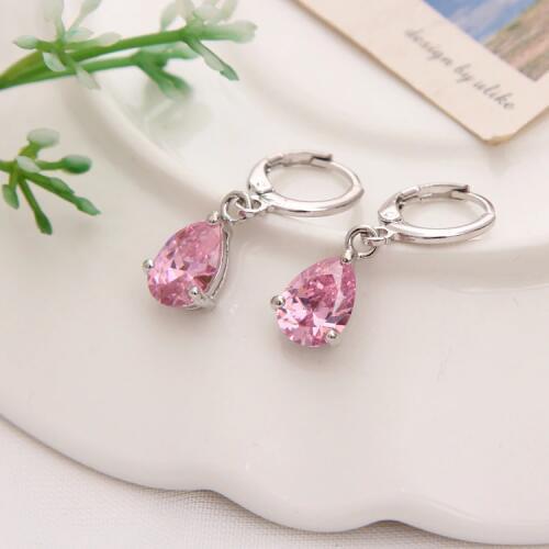 Silver Color Earrings Pink Water Drop Crystal CZ Stone Pierced Dangle Earrings Women/Girls Long Drop Earrings Fashion Jewelry