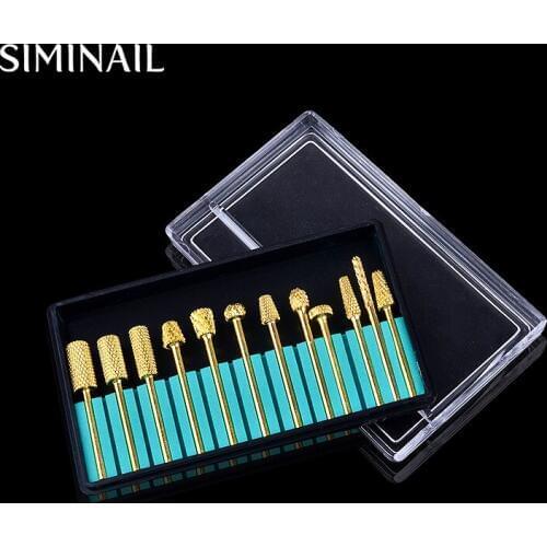SIMINAIL 1 Box 12pcs Gold Color Grinding Head Nail Drill Bit Tungsten Carbide Steel Nail Dead Skin Remove Tool Accessories File