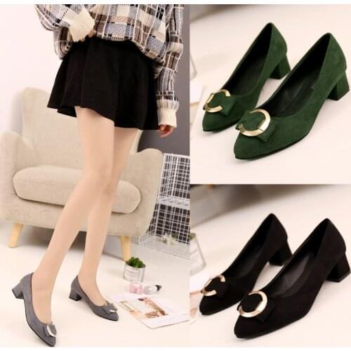 Cross-border new metal buckle shallow mouth single shoes women pointed suede thick heel high heel all-match womens shoes