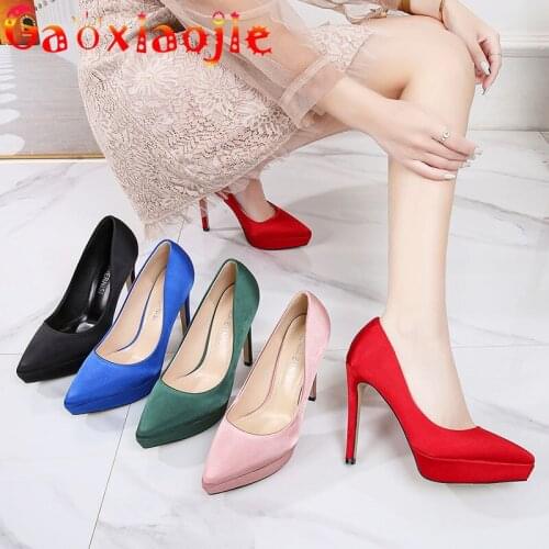 Simple Fashion Satin Silk Womens Pumps 12CM Pointed Temperament Platform Stiletto Shoes Elegant Lady Party Dress High Heels