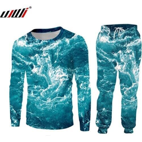UJWI Brand Man Hoodies Zip Up Jacket+Sweatpants Sets Novelty 3D Art beach Print Sport Suit Unisex Gym Clothing set Custom