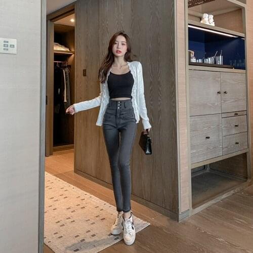 Buttons Waisted Skinny Jeans for Women Korean High Fashion Trend Slim Clothes Teenage Girls Stretch Denim Pencil Pant Streetwear