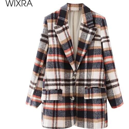 Wixra Womens Vintage Khaki Plaid Blazer Jacket Casual Single-Breasted Stylish Coat High Street 2021 Spring