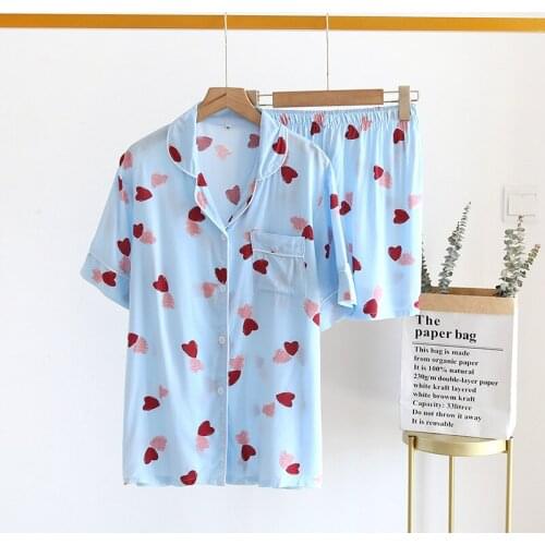 Ladies Summer Short-sleeved Sweet Home Clothes Artificial Cotton Love Thin Section Cute Pajamas for Women Pijama Corto Mujer