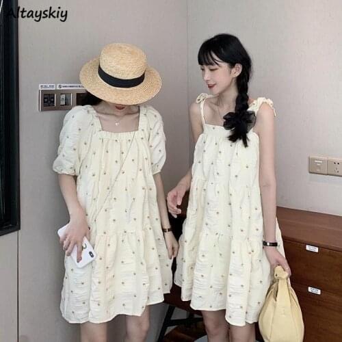 Floral Dresses Women Square Collar Straight Korean Style Friends Trendy Popular Brisk Tender Ulzzang College Students Summer Ins