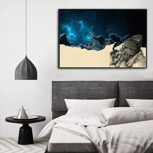 Smoking Old Man Abstract Canvas Painting Starry Night Landscape Wall Art Print Poster Decorative Picture Modern Home Decor