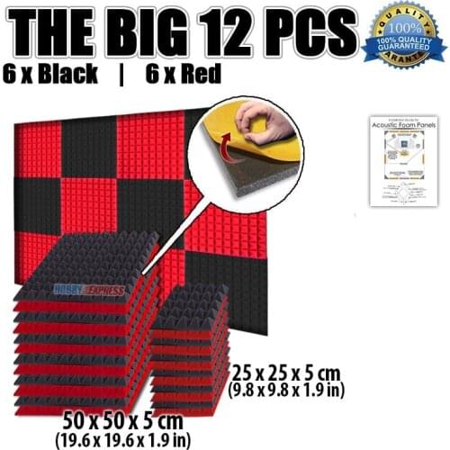Arrowzoom 12 pcs Red & Black Pyramid Acoustic Panel Soundproofing Studio Foam with Adhesive 19.6*19.6*1.9" / 9.8*9.8*1.9" KK1053