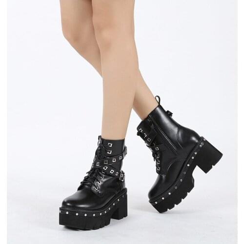 Fashion Motorcycle Boots Women Leather Spring Autumn Metal Buckle High Heels Shoes Zipper Black Ankle Boots Woman Lacing567