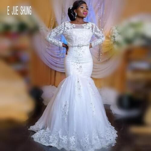 E JUE SHUNG Luxurious Mermaid Wedding Dresses Long Sleeves Jewel Neck Lace Appliques Beaded Crystals South African Bridal Gowns