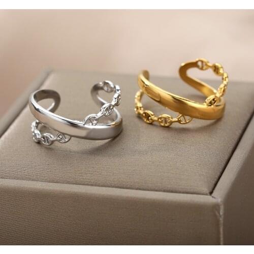 Vintage Cuban Chain Link Rings For Women Stainless Steel Gold Ring Hip Hop Geometric Exaggeration Finger Jewelry Party Gifts
