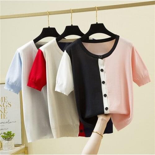 2021Fashion Color contrast Cardigan O-neck short-sleeved sweater bottoming shirt womens loose thin pullover summer Style