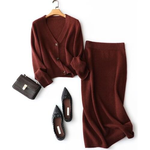 Fashion Two Piece Set Womens Knit Jackets+pencil Skirts Cashmere Winter Single Breasted Office Lady 2 Piece Sets Womens Outfits