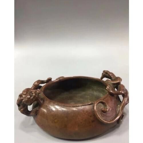 Chinese Antique Copper Carving Ssangyong Pen Wash Ashtray