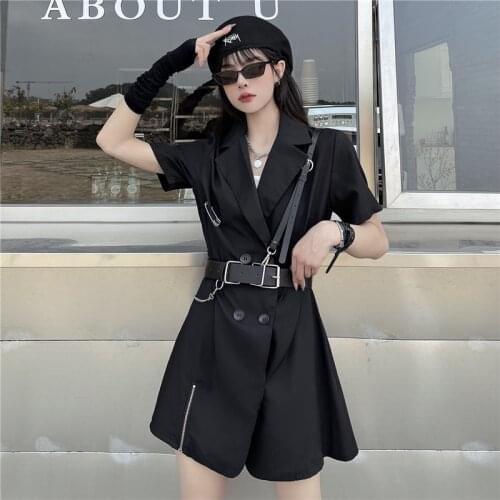 Women Dress Summer Turn-Down Collar Zipper Double Breasted Female Suit Dress Belt Cosplay Slim Short Sleeve Black Streetwear