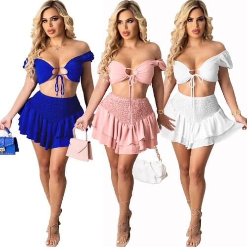 Beach Pool Party Wear Temperament Sexy Wipe Bust Waist Band Boat Neck Collar Nightclub Fashion Skirt Suit L034