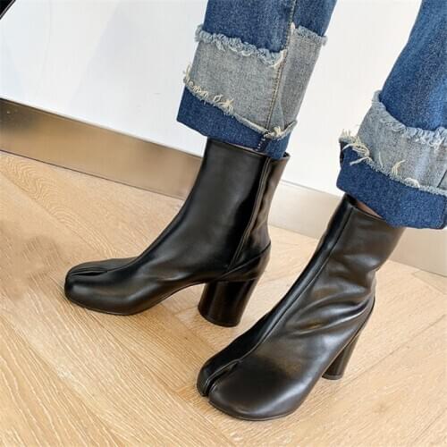 PXELENA 2021 INS Handmade Women Tabi Ninja Boots High Heels Split Toe Pig Feet Ankle Boots Plus Size 34-41 Office Lady Fashion