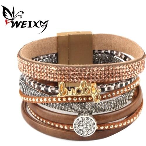 WEIXY Boho Multilayer Wide Bracelet Genuine Leather Bracelets Bangles With Magnetic Buckle Wristband Jewelry Female Accessories