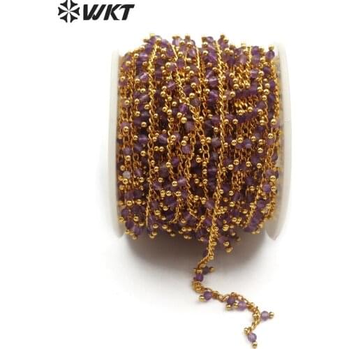 WT-RBC087 Brass Wire Wrapped Purple Crystal Rosary Chain Wholesale 5meter Handmade Beaded Chain For Women Making Fashion Jewelry