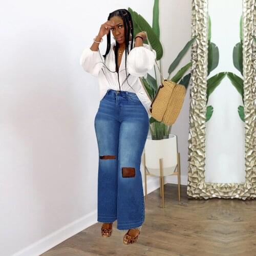 Hole Jeans Plus Size Summer Womens Denim Trousers Large Size 4XL High Waist Solid Color Ripped Denim Straight Pants For Female
