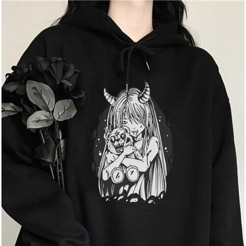 Punk Gothic Japan satan demon cartoon print women hooded sweatshirt Kawaii chic loose plus velvet thick casual Harajuku Clothing