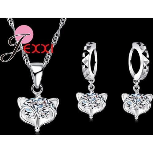 Jewelry Sets 925 Sterling Silver Cute Fox Austrian Crystal Necklace Earring Chain Womens Jewelry