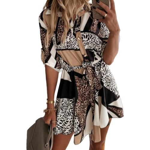 Sexy Ladies Dress Summer 2021 Leopard Print Roll Up Sleeve Women Waist Tie Lapel Slim Mini Dress Plus Size платье летнее женское