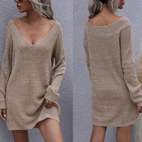 Office Lady Dress Solid Color V Neck Autumn Winter Long Sleeve Above Knee Length Knitted Dress for Wedding vestidos for women 2