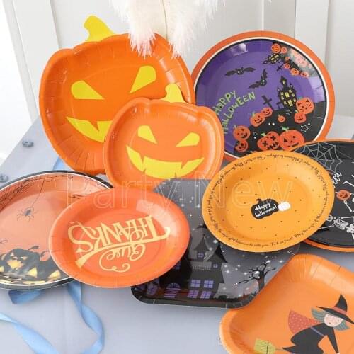 10Pcs Shaped Disk Halloween Disposable Tableware Dish Pumpkin Hexagon Square Cat Round Shape Ghost Theme Decoration Paper Plate