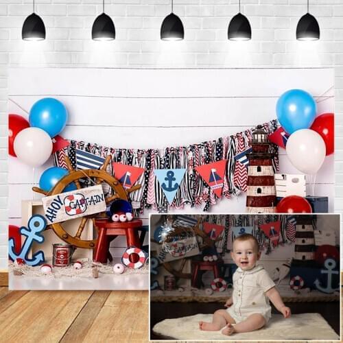 Newborn Boys Birthday Photo Background, Captain Sailing Theme Party Photographic Background, Pirate Adventure Balloons