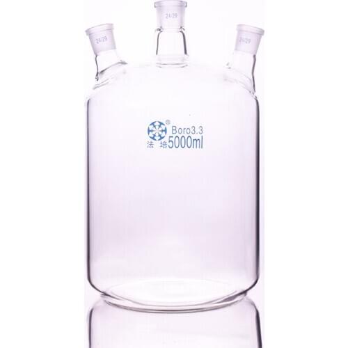 Single-deck cylindrical three-necked flat-bottom flask 5000ml,Main 24/29,Side 24/29,Single-deck cylindrical reactor bottle