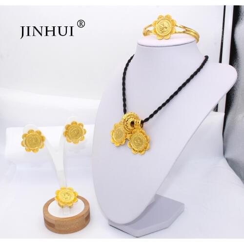 Ethiopian gold jewelry sets 24k Big Coin Pendant Necklace Earring Ring Dubai gifts for women African Eritrea wedding bridal set