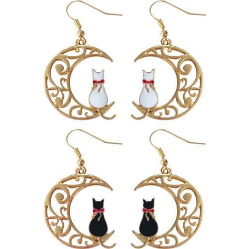 Fashion Gold Color Howllow Moon Earrings Cute White Black Cat On the Moon Hook Stud Earrings For Women Girls Gifts