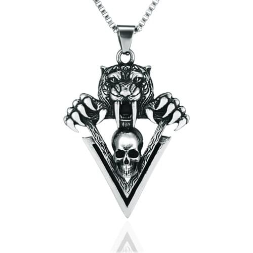 Stainless Steel Mens Heave Punk Rock Tiger Skull Pendant Necklace Jewelry Gift with Box Chain For Him