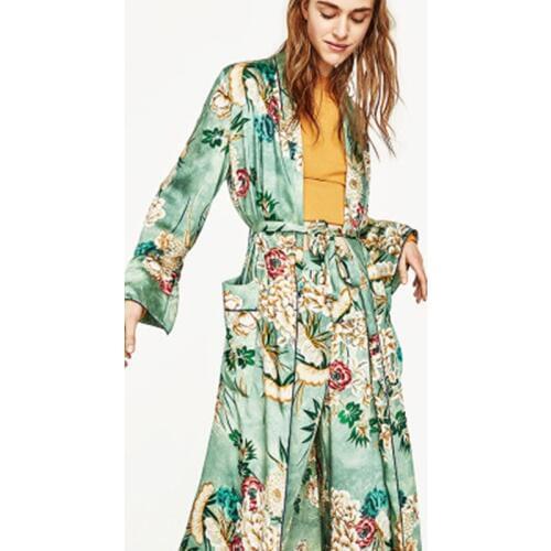 New 2020 Vintage Floral Print Green Long Jacket Long Sleeve V-neck Cardigan Summer Tops Sashes Beachwear Femme BS227