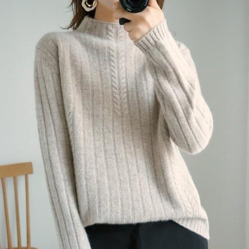 New cashmere sweater for autumn and winter 2021 womens half high neck solid color versatile sweater twist loose knit bottomed