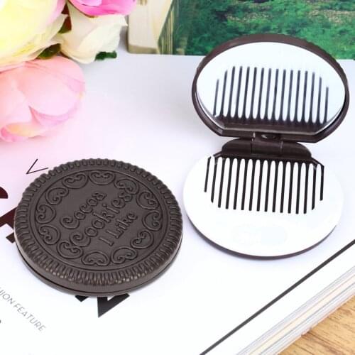 Promotion New arrival Super Deals Brown Cute Cookie Shaped Design Mirror Makeup Chocolate Comb pocket Mirror can stand Mirror