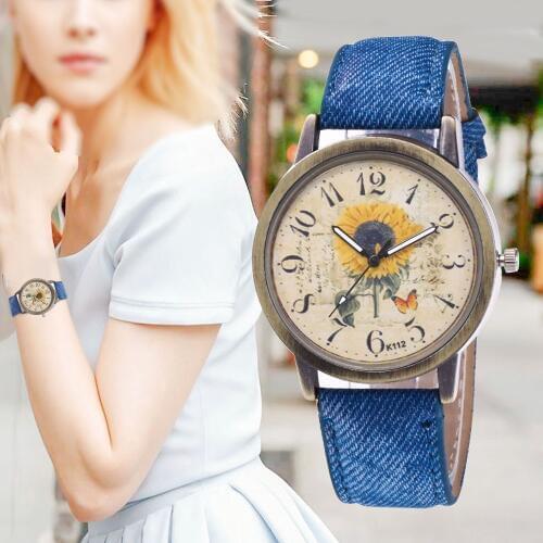 New Women Personality Vintage Sunflower Print WristWatch Girl Gift Fashion Watch Clock Leather Brand Analog Quartz Round Watche