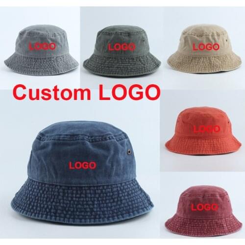 Custom LOGO! Print/Embroidery Logo Harajuku Washed Denim Cotton Bucket Hats Designer DIY Fisherman Hat Bob Unisex Caps Gorros