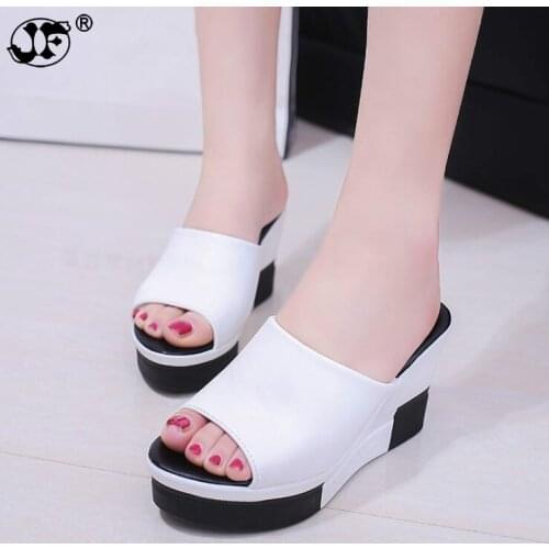Sandals 2019 Summer Genuine Leather Shoes Woman Flip Flops Wedges Fashion Platform Female Slides Ladies Shoes Peep Toe dr6