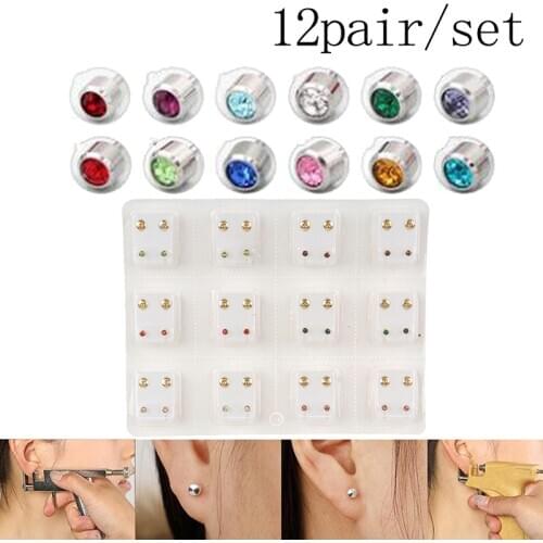 12 Pairs Medical Earrings Piercing Tool Kits Ear Stud Surgical Steel&Man-made Crystal Ear Studs Women Jewelry Piercing Stud