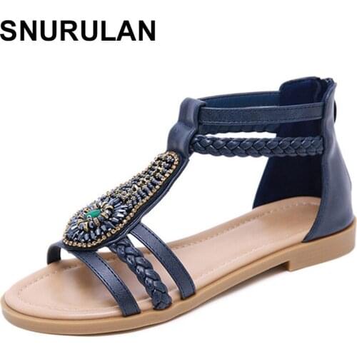 SNURULAN Summer Womens Bohemia Sandals Beach Shoes Female Sandals Flats Summer Shoes Big Size Fashion Ladies Retro Rome Sandals