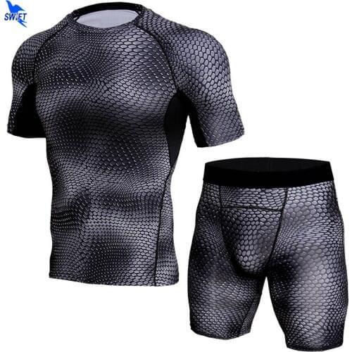 Men Compression Running Set Base Layer Short Sleeve Shirts+Leggings 2 Pcs Sport Suit 3D Printed MMA Rashguard Fitness Sportswear