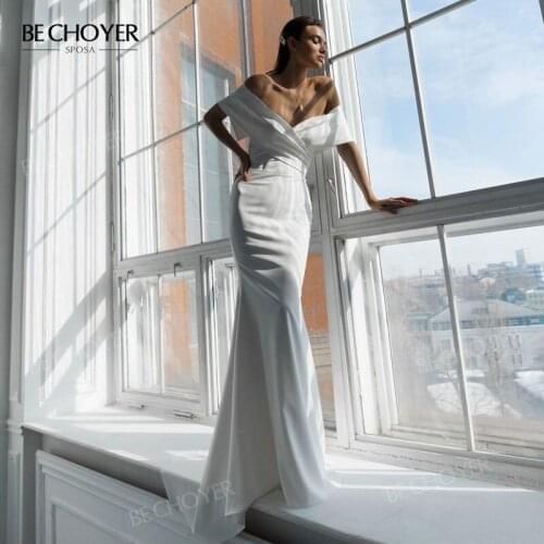 Wedding Dress Elegant Sleeveless Satin Mermaid 2021 Off Shoulder Bride Gown Court Train BECHOYER NR150 Princess Vestido De Noiva